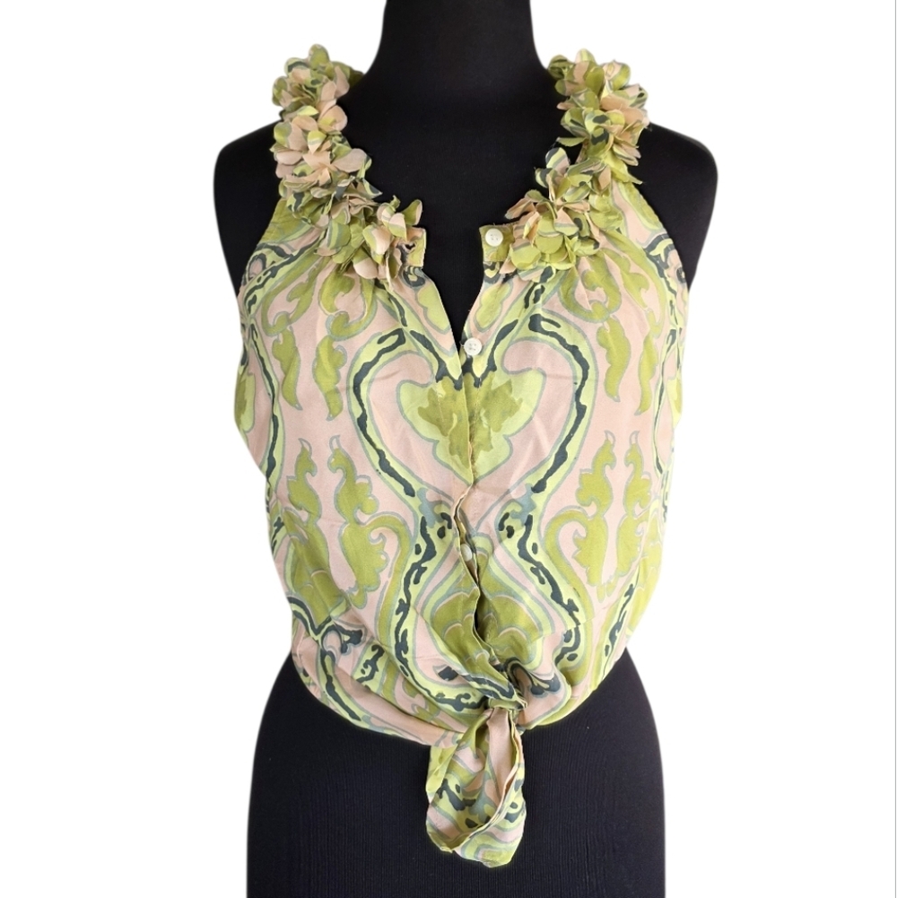 J. Crew Silk Floral Ruffle Small Green and Pink Floral Tank Top Vacation